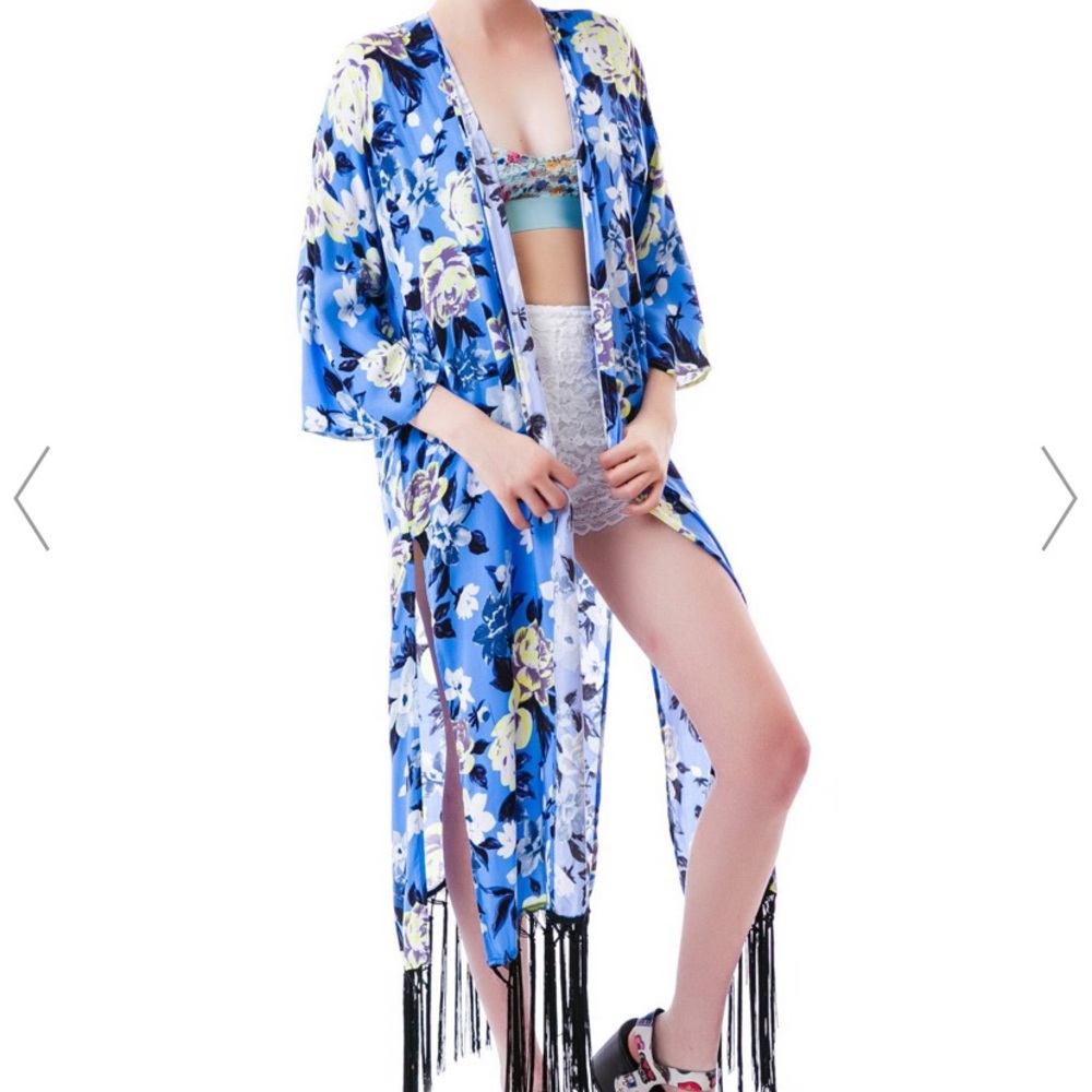 Nameless Blue Floral Kimono with Fringe